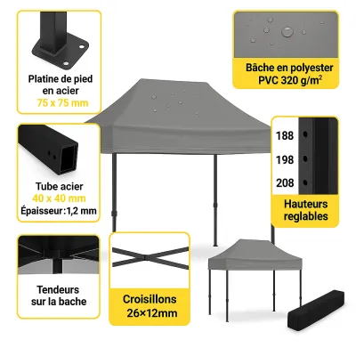 stand tonnelle 2x3m gris sans parois