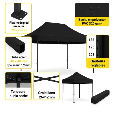 stand tonnelle 2x3m noir sans parois