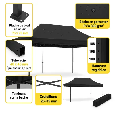 stand tonnelle 3x4.5m NOIR sans parois