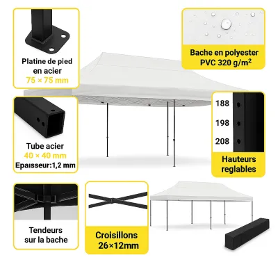 Barnum pliant 3x6 EVO Acier Blanc Pack Bâches latérales