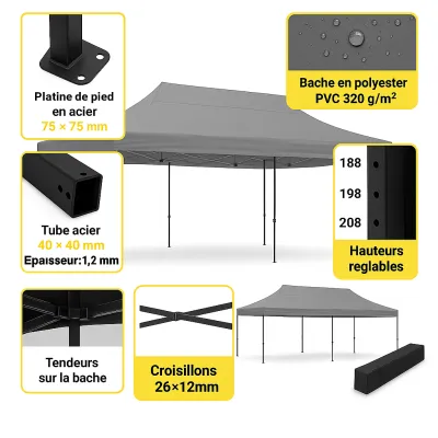 Barnum pliant 3x6 EVO Acier Gris pack bâches latérales