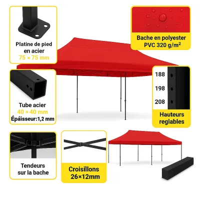 Barnum pliant 3x6 EVO Acier Rouge Pack bâches latérales