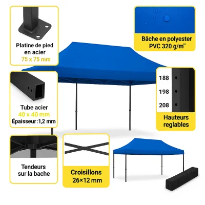 Barnum pliant 3x4,5 EVO Acier Bleu pack bâches latérales