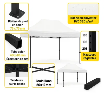 Barnum pliant 2x3 Acier EVO Blanc pack Bâches latérales