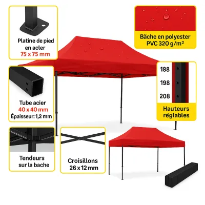 Barnum pliant 2x3 EVO Acier Rouge Pack Bâches latérales