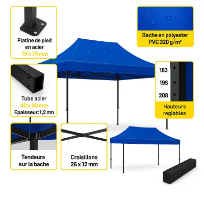 Barnum pliant 2x3 EVO Acier Bleu Pack Bâches latérales