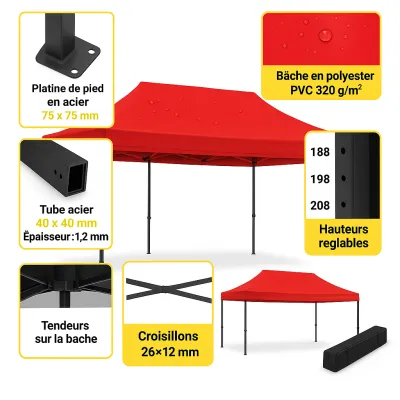 Barnum pliant 3x4,5 EVO Acier Rouge pack bâches latérales