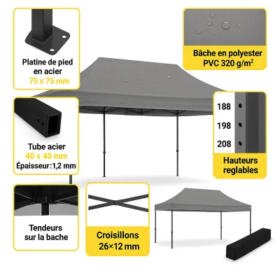 Barnum pliant 3x4,5 EVO Acier Gris pack bâches latérales