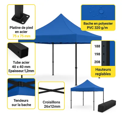 Barnum pliant 3x3 Acier EVO Bleu Pack Bâches latérales