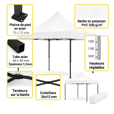 Barnum pliant 3x3 acier EVO Blanc pack Bâches latérales
