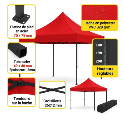 Barnum pliant 3x3 Acier EVO Rouge pack Bâches latérales