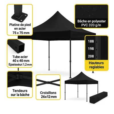 Barnum pliant 3x3 EVO Acier Noir Pack Bâches latérales
